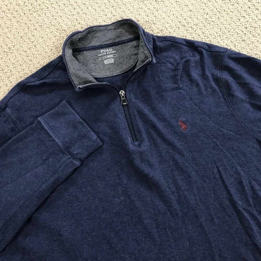 Polo Ralph Lauren Mens Quarter Zip Pullover Navy Blue Heather Red Pony Large